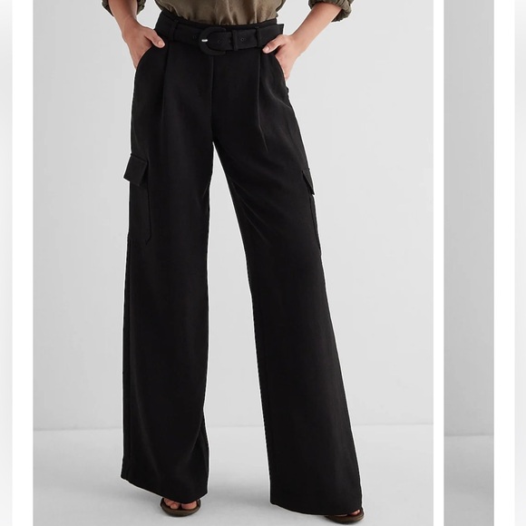 NWOT Express High Waisted Pleated Belted Utility Trouser Pant in Pitch Black - Picture 1 of 7